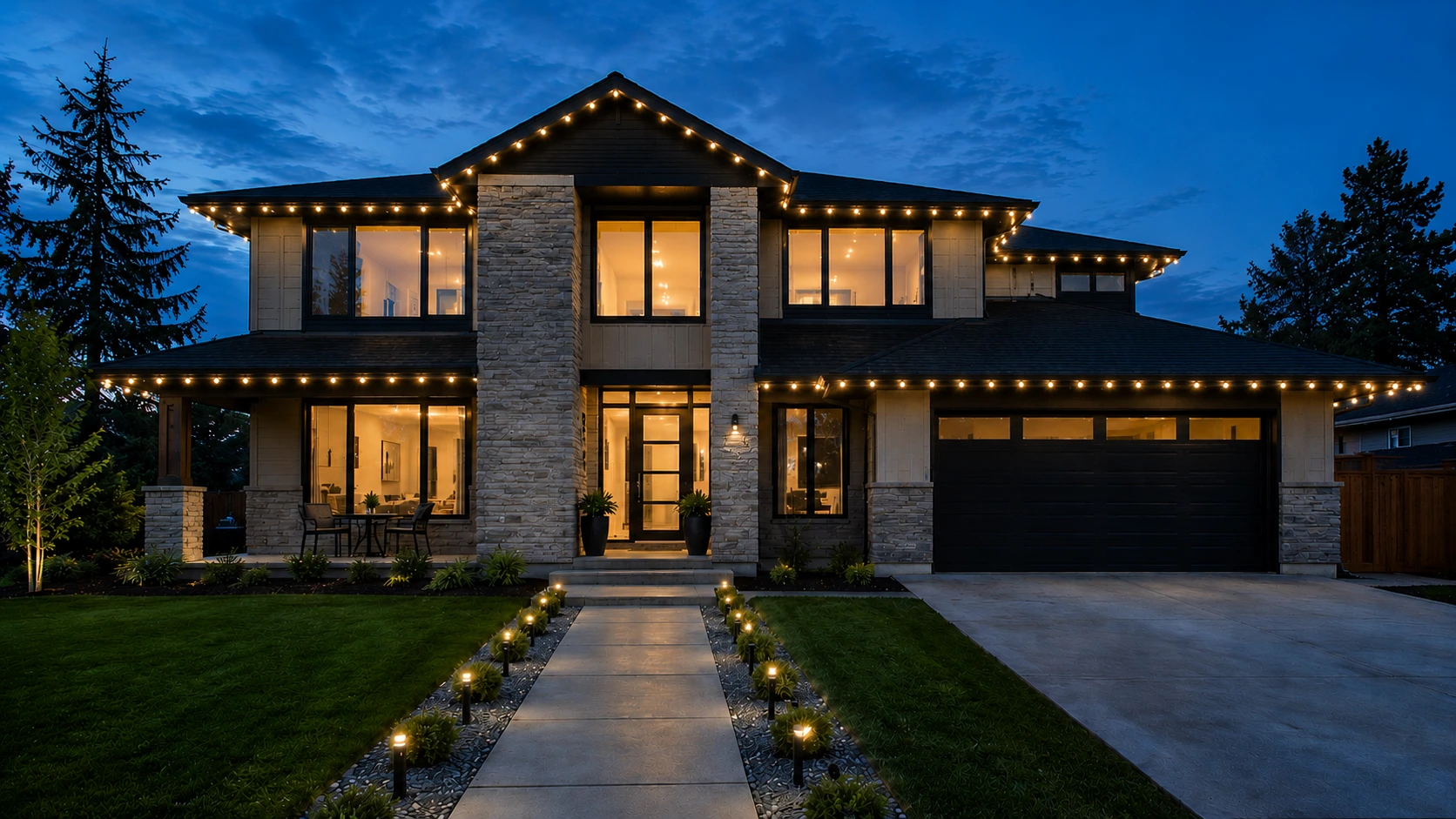 Home exterior after IDALITE permanent lighting installation
